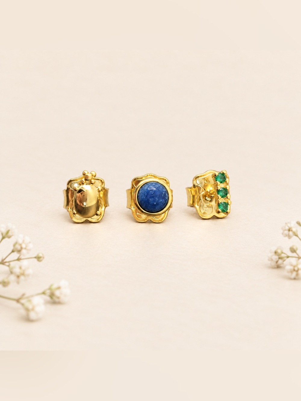 Tiny Gold Tone Blue and Green Accent Women's Earrings Set